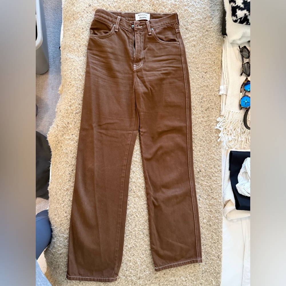Reformation Brown Straight-Leg Pants